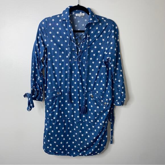 Stellah Blue Denim White 4th of July USA Star Print Boho Tunic Shift Dress XS - Picture 2 of 10